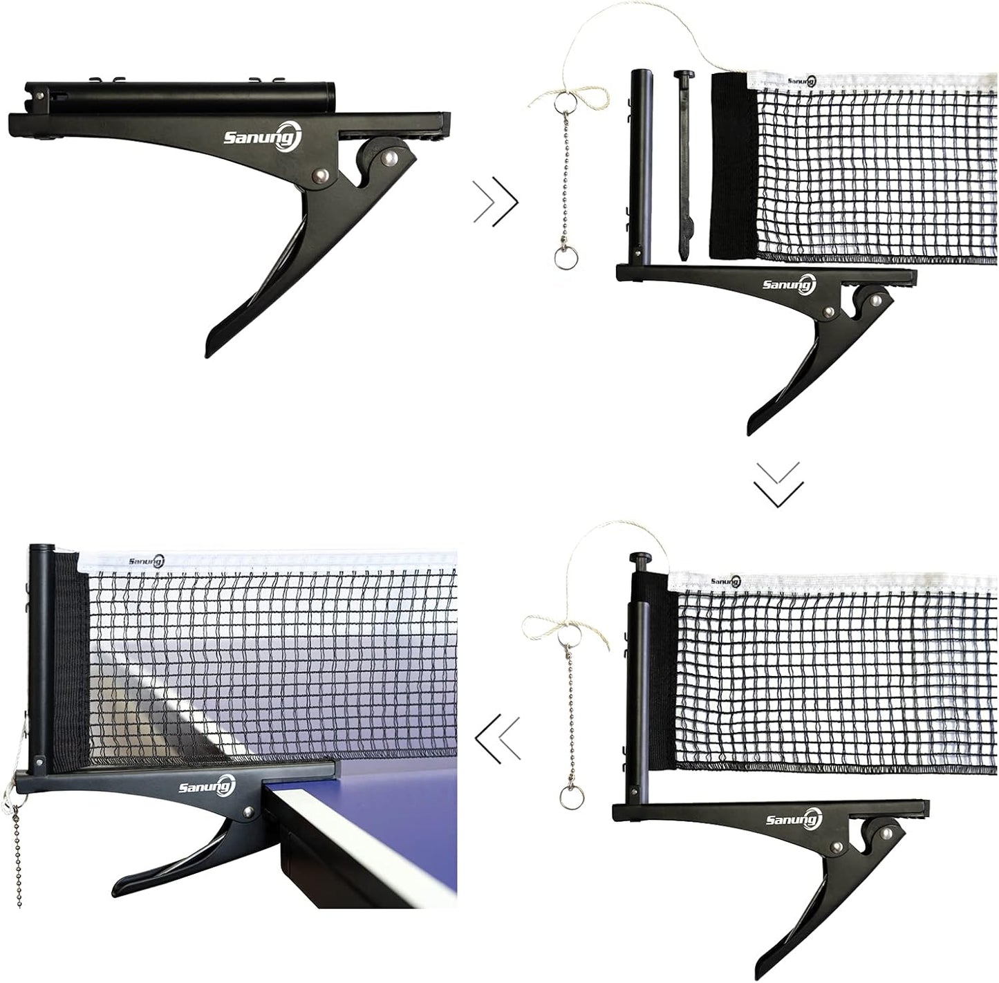 S304 Portable Table Tennis Net and Post Set Folding Spring Clamp-On with 2 Posts Kit Adjustable Ping Pong Training Mesh Net for Standard 60In Wide Tables Easy Setup