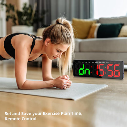 Gym Timer Clock with Remote,16.5" LED Workout Colck Count Down/Up Clock for Home Fitness, 12/24H Digital Wall Clock, Portable Home Gym Accessories