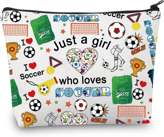 Girl Soccer Gifts Just a Girl Who Loves Soccer Makeup Bags Soccer Travel Cosmetic Bag Gift for Soccer Players Fans (Small Soccer Bag)