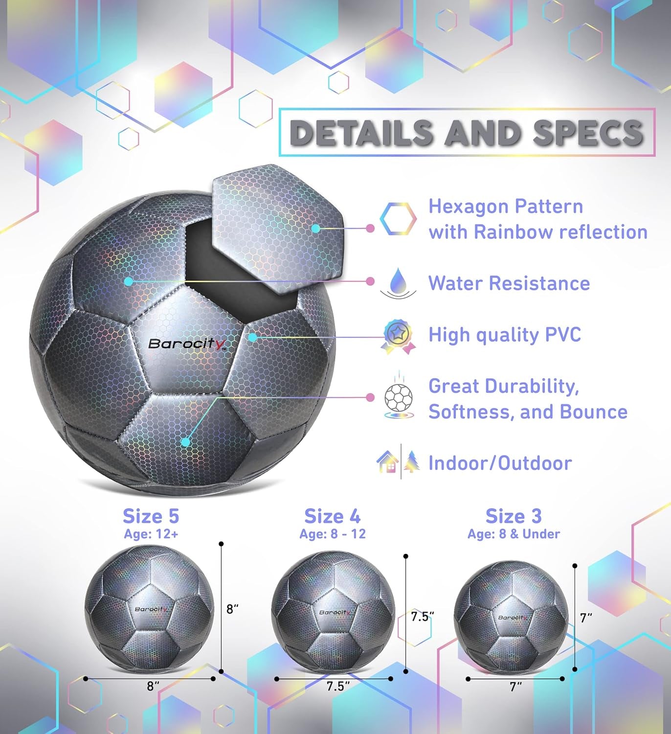 Soccer Ball - Premium Boy and Girl Official Match Ball with Cool Reflective Iridescent Rainbow Hex Pattern, Durable, Indoor, Outdoor, Training, Practice, Playtime and Games
