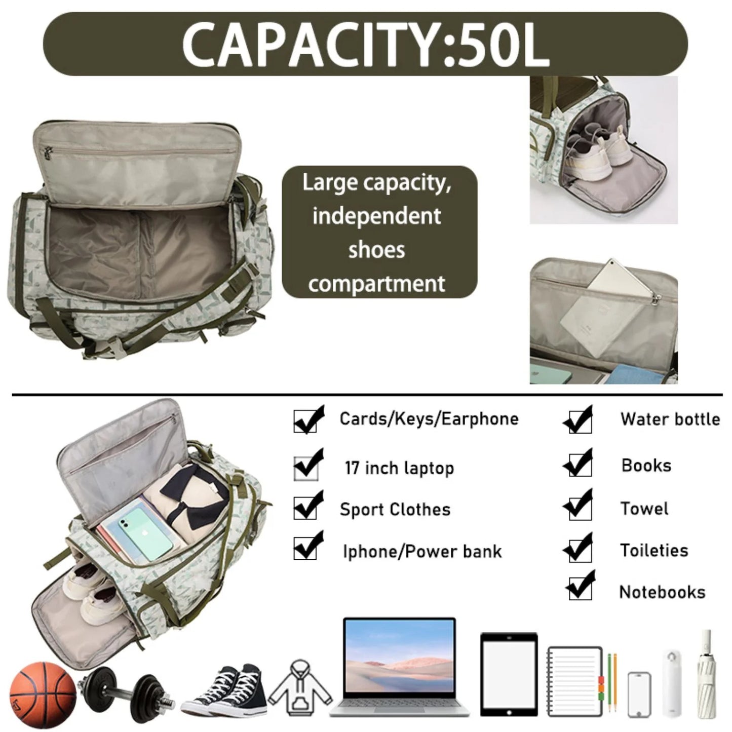 BE SMART 50L Extra Large Gym Backpack for Men, Big Gym Bag with Shoes Compartment, Waterproof Heavy Duty Duffel Bags, Men'S Workout Backpacks for Outdoor Sport,Hiking,Camping (XL)