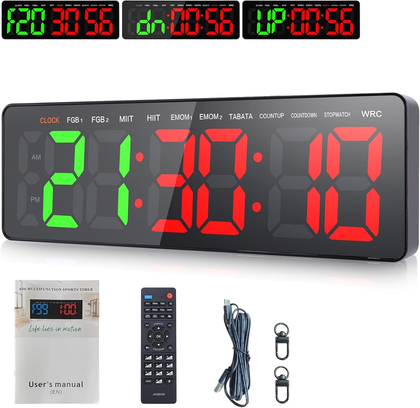 Gym Timer Clock with Remote,16.5" LED Workout Colck Count Down/Up Clock for Home Fitness, 12/24H Digital Wall Clock, Portable Home Gym Accessories