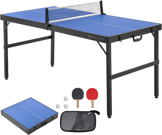 Ping Pong Table, Mid-Size Table Tennis Game, Indoor MDF Table Tennis Table, Foldable Portable Complete Ping Pong Table Set with Net, 2 Paddles, 3 Balls, Carry Bag, Handle (No Assembly Required)