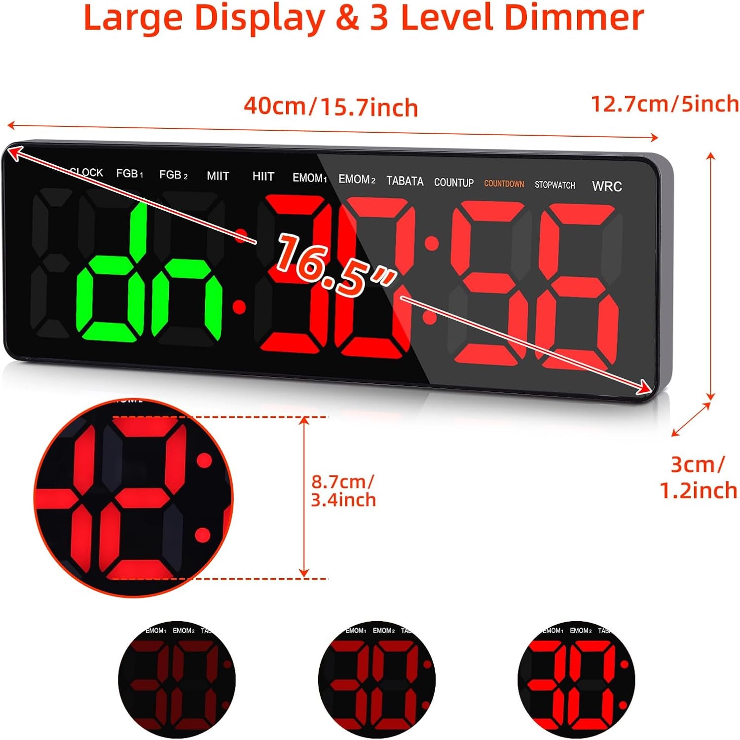 Gym Timer Clock with Remote,16.5" LED Workout Colck Count Down/Up Clock for Home Fitness, 12/24H Digital Wall Clock, Portable Home Gym Accessories
