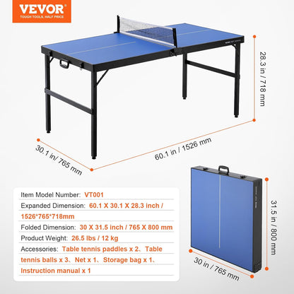 Ping Pong Table, Mid-Size Table Tennis Game, Indoor MDF Table Tennis Table, Foldable Portable Complete Ping Pong Table Set with Net, 2 Paddles, 3 Balls, Carry Bag, Handle (No Assembly Required)