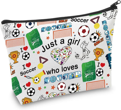 Girl Soccer Gifts Just a Girl Who Loves Soccer Makeup Bags Soccer Travel Cosmetic Bag Gift for Soccer Players Fans (Small Soccer Bag)