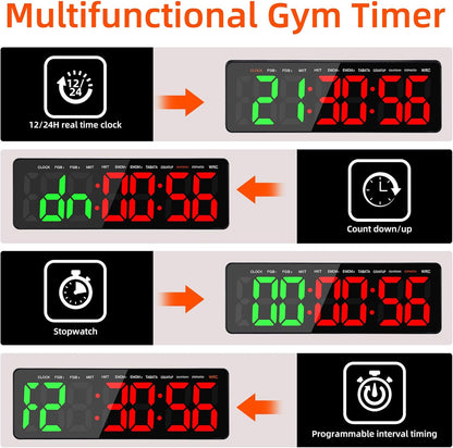 Gym Timer Clock with Remote,16.5" LED Workout Colck Count Down/Up Clock for Home Fitness, 12/24H Digital Wall Clock, Portable Home Gym Accessories