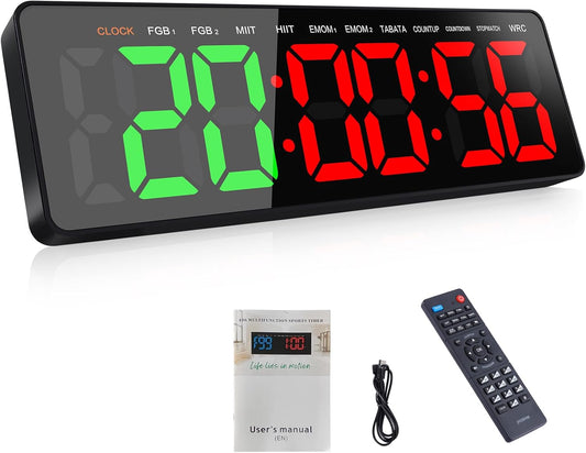Gym Timer Clock with Remote,16.5" LED Workout Colck Count Down/Up Clock for Home Fitness, 12/24H Digital Wall Clock, Portable Home Gym Accessories
