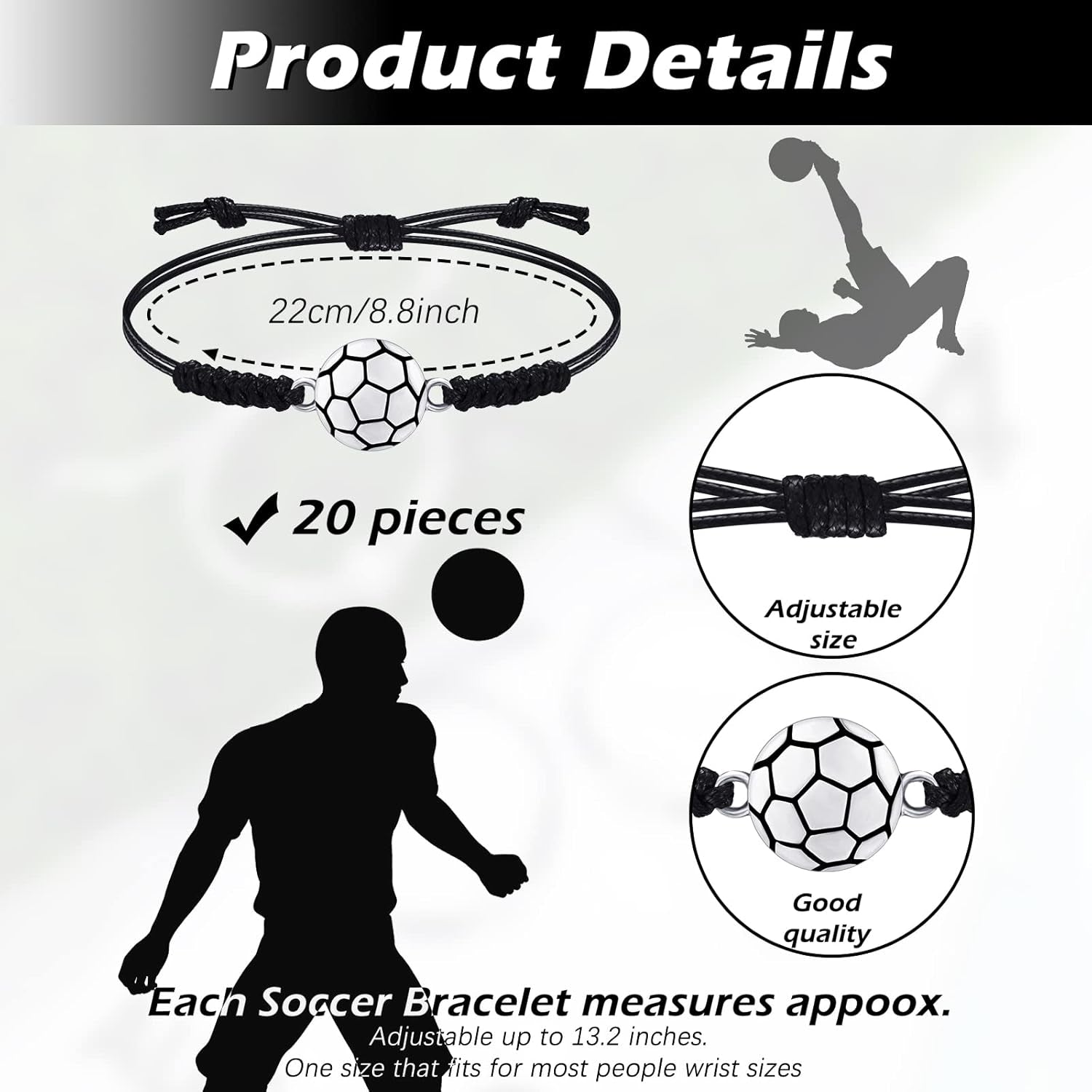 20 Pieces Soccer Charm Bracelets Bulk Soccer Team Gifts Sport Coach Gifts Adjustable Braided Rope Pendant for Women Men Coach Players Souvenir