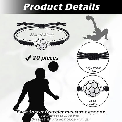 20 Pieces Soccer Charm Bracelets Bulk Soccer Team Gifts Sport Coach Gifts Adjustable Braided Rope Pendant for Women Men Coach Players Souvenir