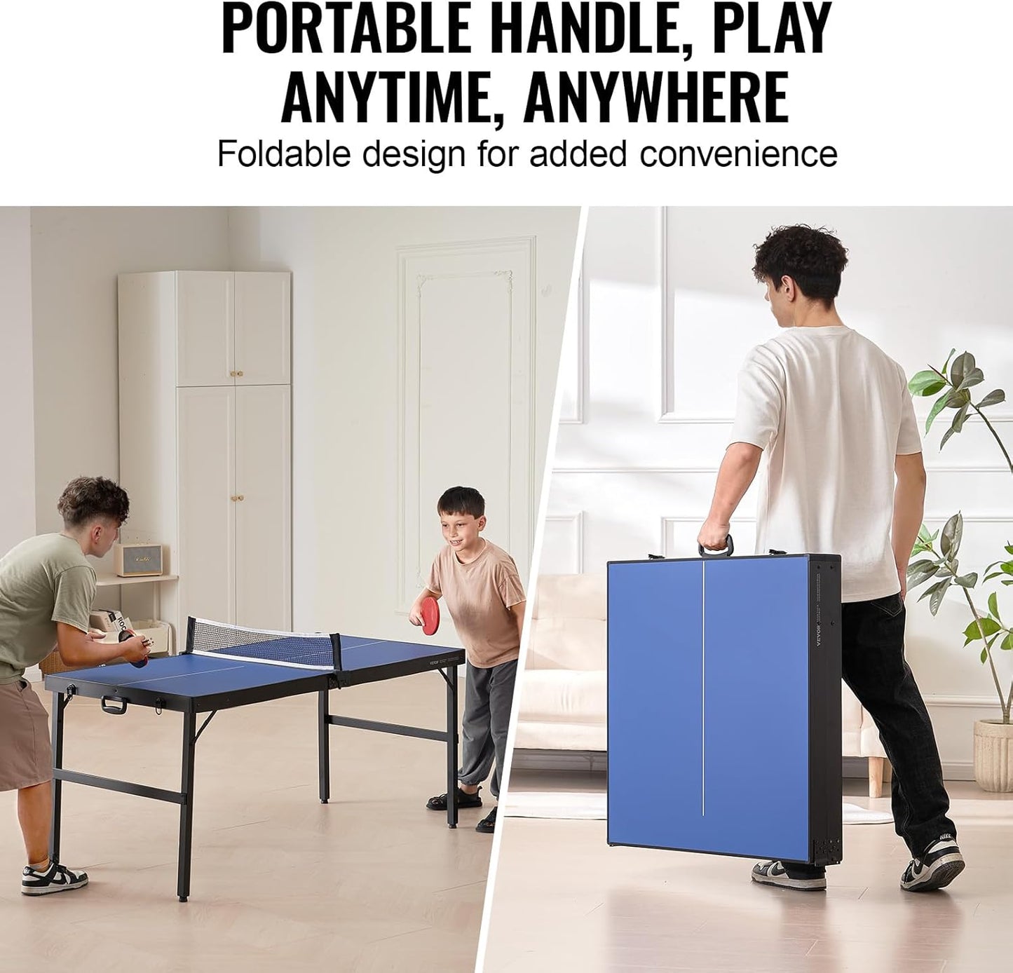 Ping Pong Table, Mid-Size Table Tennis Game, Indoor MDF Table Tennis Table, Foldable Portable Complete Ping Pong Table Set with Net, 2 Paddles, 3 Balls, Carry Bag, Handle (No Assembly Required)