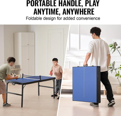 Ping Pong Table, Mid-Size Table Tennis Game, Indoor MDF Table Tennis Table, Foldable Portable Complete Ping Pong Table Set with Net, 2 Paddles, 3 Balls, Carry Bag, Handle (No Assembly Required)