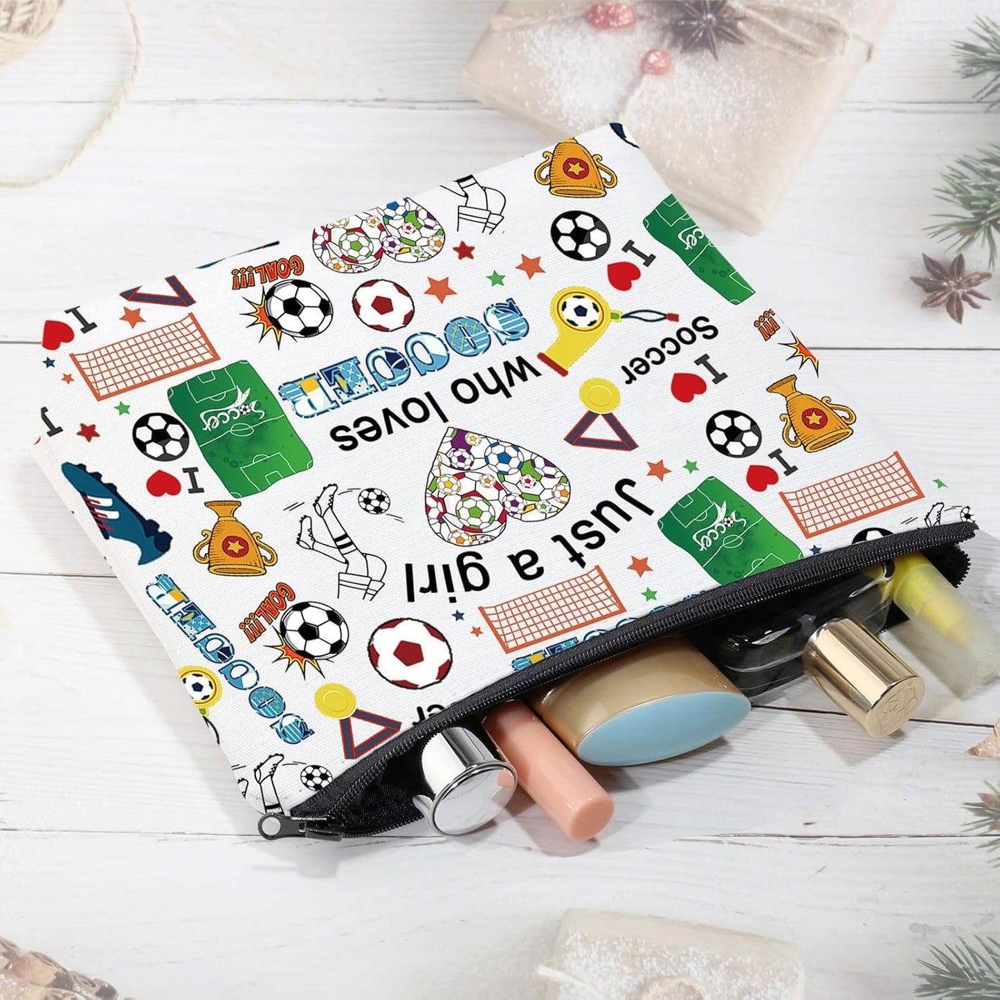 Girl Soccer Gifts Just a Girl Who Loves Soccer Makeup Bags Soccer Travel Cosmetic Bag Gift for Soccer Players Fans (Small Soccer Bag)