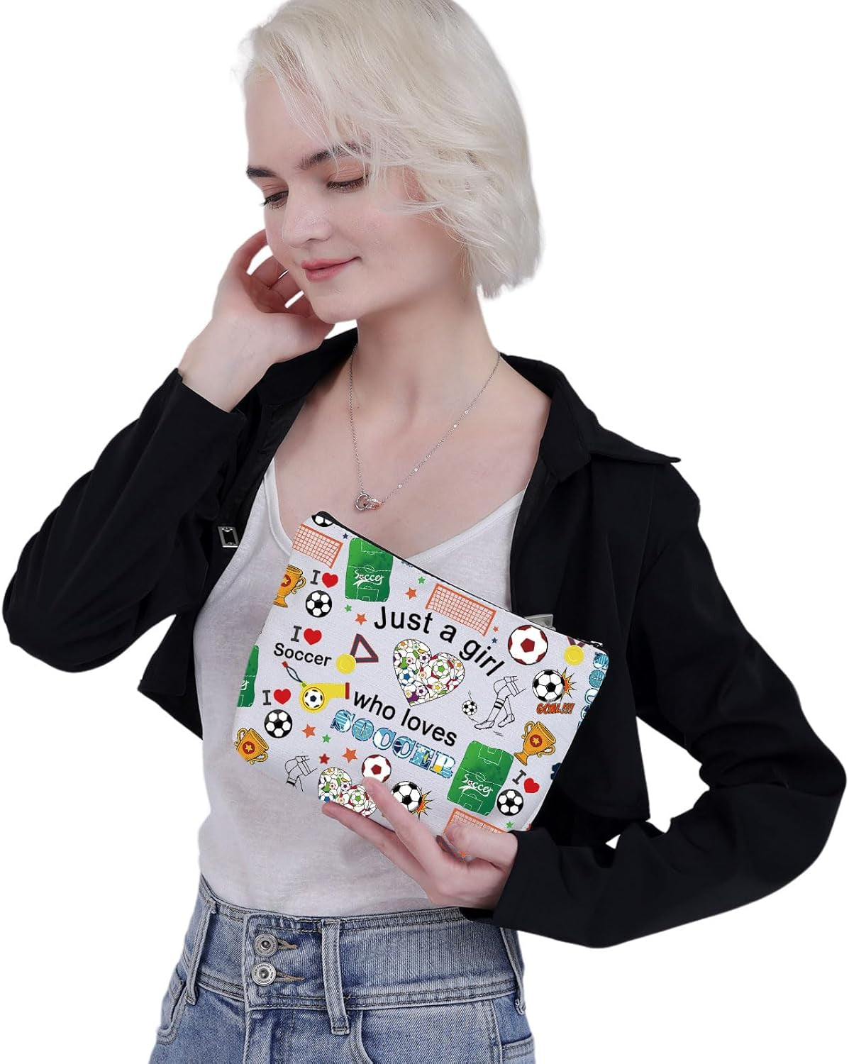 Girl Soccer Gifts Just a Girl Who Loves Soccer Makeup Bags Soccer Travel Cosmetic Bag Gift for Soccer Players Fans (Small Soccer Bag)