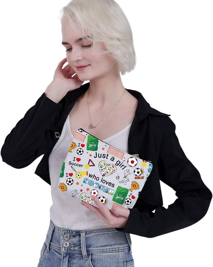 Girl Soccer Gifts Just a Girl Who Loves Soccer Makeup Bags Soccer Travel Cosmetic Bag Gift for Soccer Players Fans (Small Soccer Bag)