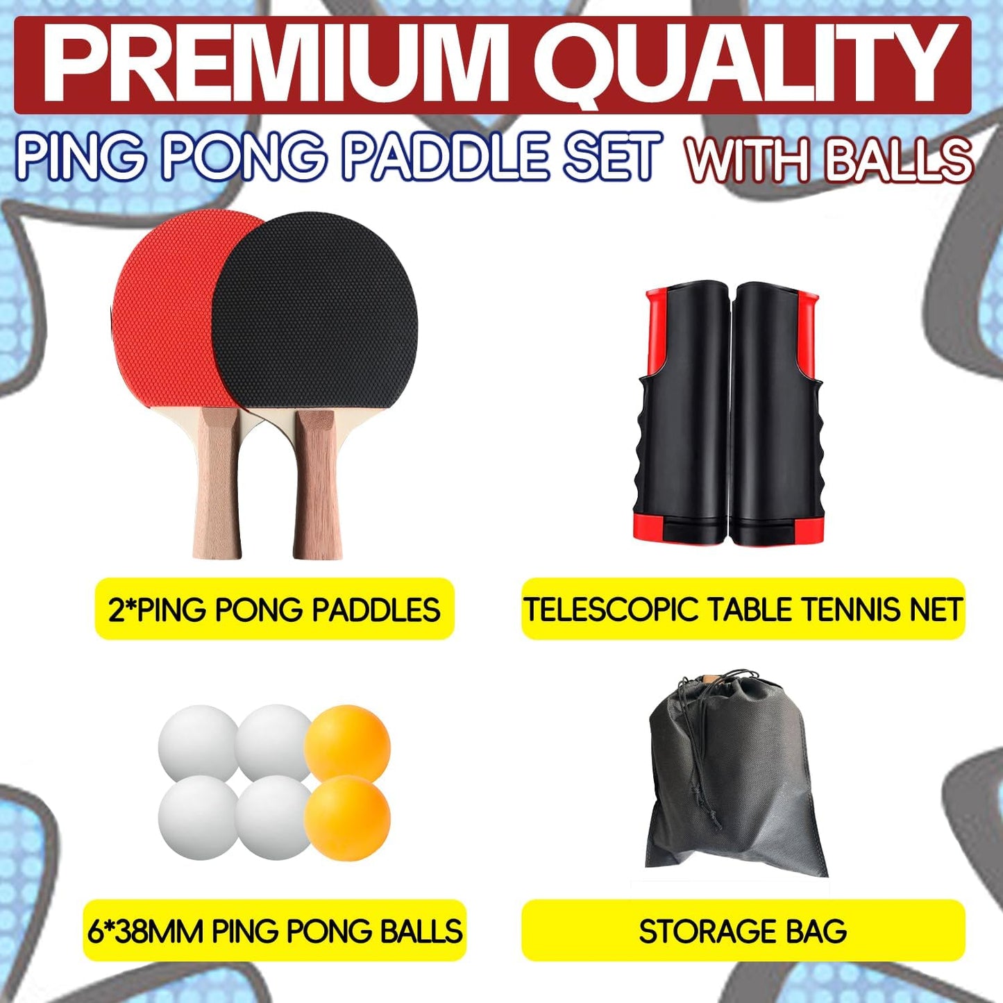 Ping Pong Paddles Set, Portable Table Tennis Paddles Set with Retractable Tennis Net, 2 Rackets, 6 Balls and Carry Bag for Indoor/Outdoor Games