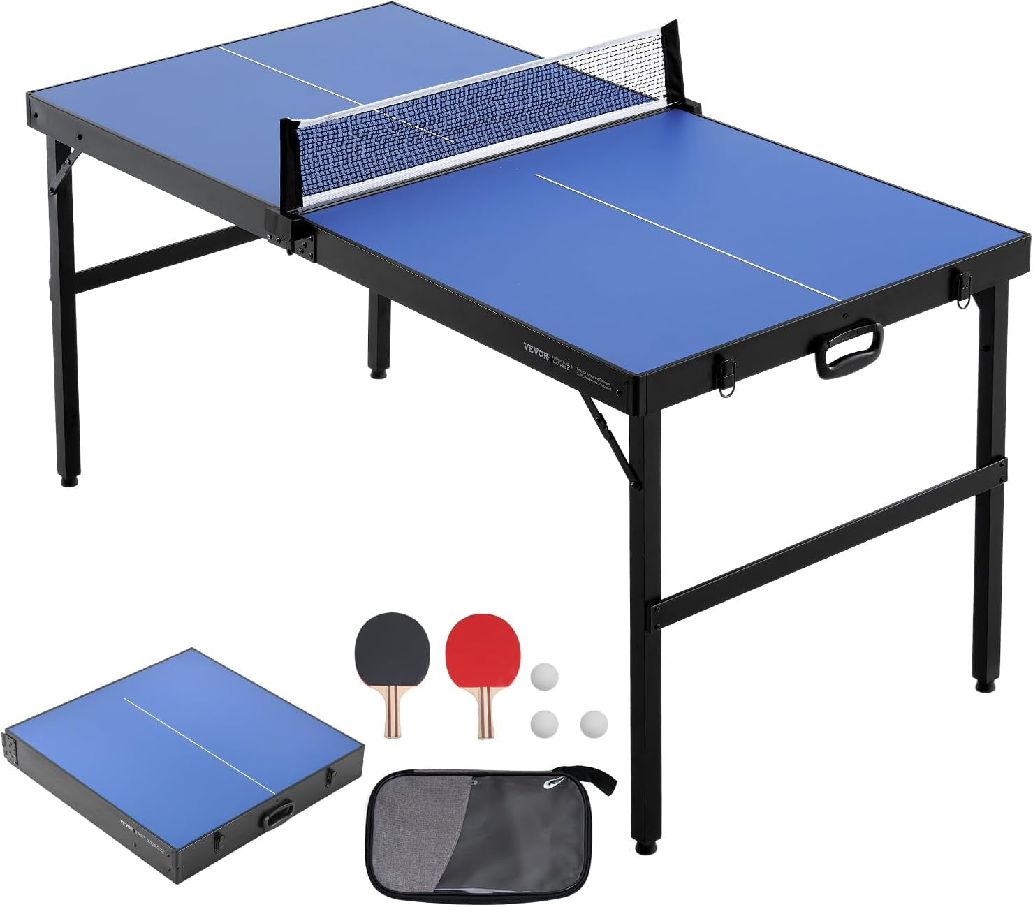 Ping Pong Table, Mid-Size Table Tennis Game, Indoor MDF Table Tennis Table, Foldable Portable Complete Ping Pong Table Set with Net, 2 Paddles, 3 Balls, Carry Bag, Handle (No Assembly Required)